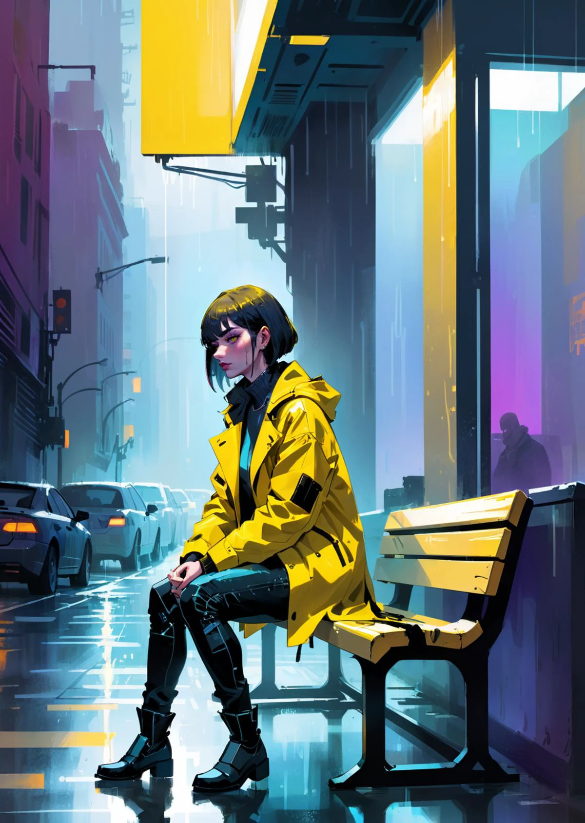 1 female
sit on the bench
raining
wet yellow coat
gradient
detailed background
cyberpunk
shadow
dramatic lighting
by Bill Sienkiewicz
( SimplepositiveXLv1:0.7)