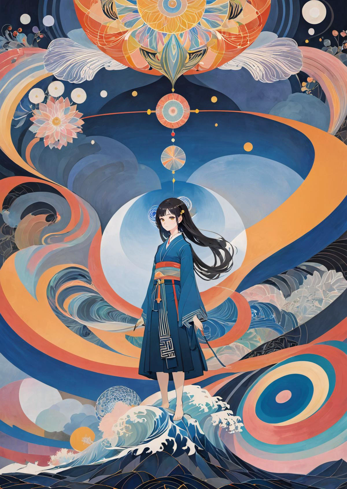 ((poster of 1 japanese woman)), close up , official art, unity 8k wallpaper, ultra detailed, beautiful and aesthetic, masterpiece, best quality, realistic, zentangle, mandala, tangle, entangle, fractal art, extremely detailed, dynamic angle, the most beautiful form of chaos, elegant, a brutalist designed, vivid colors, romanticism, silk, Hiroshi Yoshida Italo Calvino Hilma af Klint