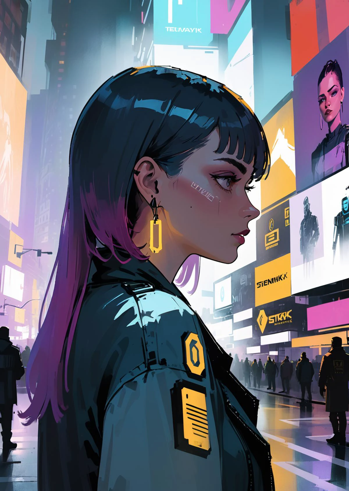 1 female looking forward
detailed face
time square
detailed background
cyberpunk
shadow
dramatic lighting
by Bill Sienkiewicz
( SimplepositiveXLv1:0.7)
