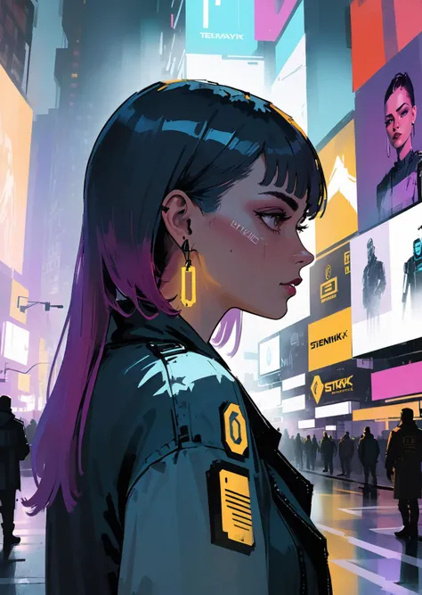 1 female looking forward 
detailed face 
 time square
detailed background 
cyberpunk
shadow
dramatic lighting 
by   Bill Sienkiewicz
 ( SimplepositiveXLv1:0.7)