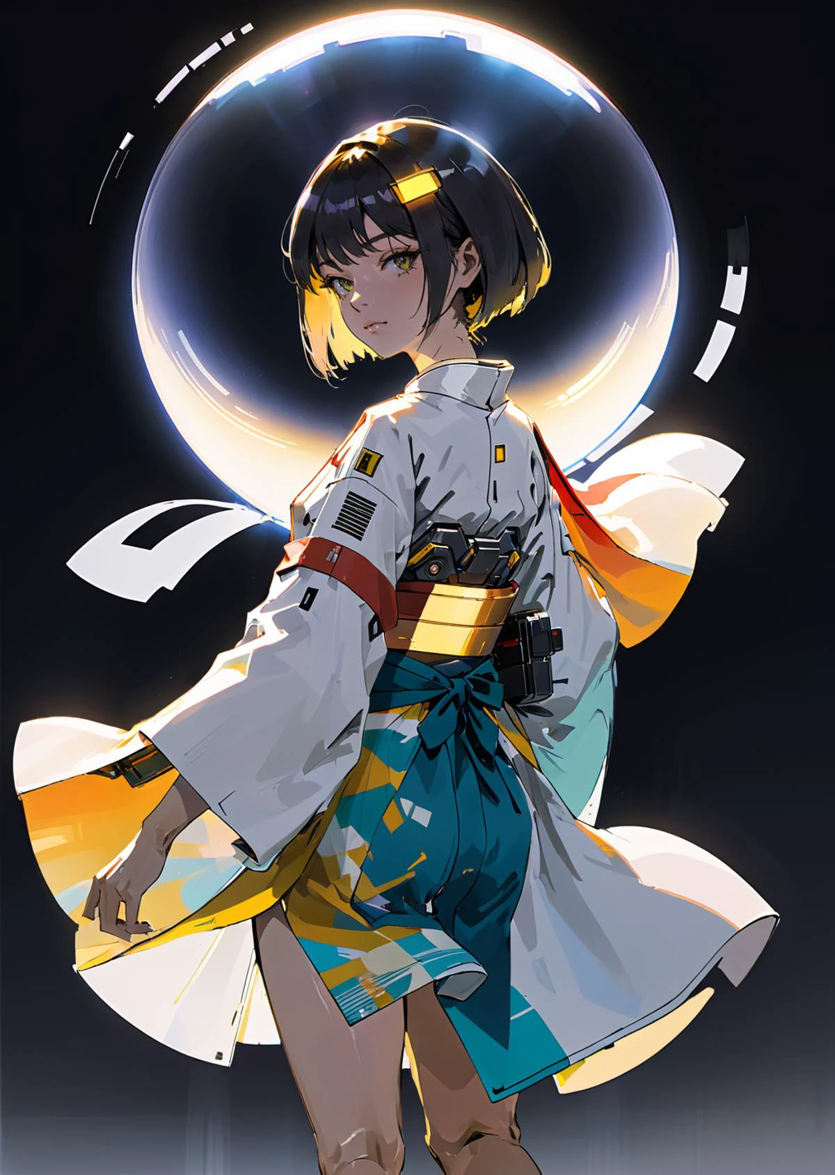 1  woman,  cyborg
floating  
 gradient 
lens flare
kimono
by  Katsuhiro Otomo  Yoji Shinkawa Yoshitaka Amano 
 ( SimplepositiveXLv1:0.7)