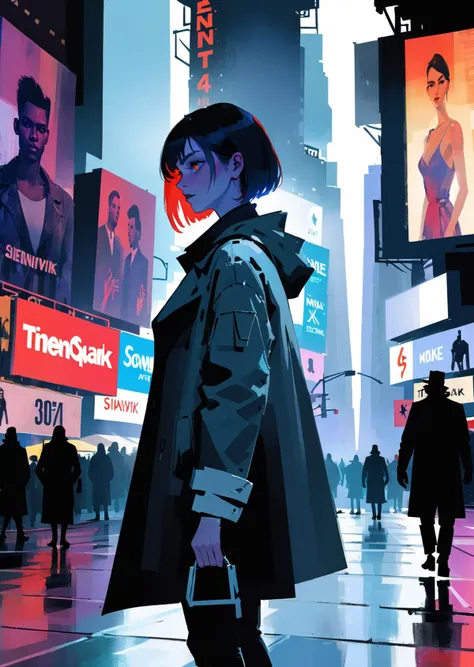 1 female 
 time square
detailed background 
shadow
dramatic lighting 
by   Bill Sienkiewicz
 ( SimplepositiveXLv1:0.7)