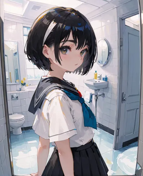 depth of field, fisheye lens, masterpiece, best quality, 1girl, solo, bathroom, looking at mirror, reflection, short hair, black hair, grey eyes, white school uniform, looking at viewer, upper body, short sleeves, neckerchief, hairclip