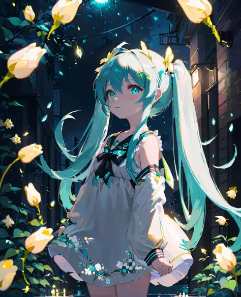 face focus, masterpiece, best quality, 1girl, hatsune miku, white roses, petals, night background, fireflies, light particle, solo, aqua hair with twin tails, aqua eyes, standing, pixiv, depth of field, cinematic composition, best lighting, looking up