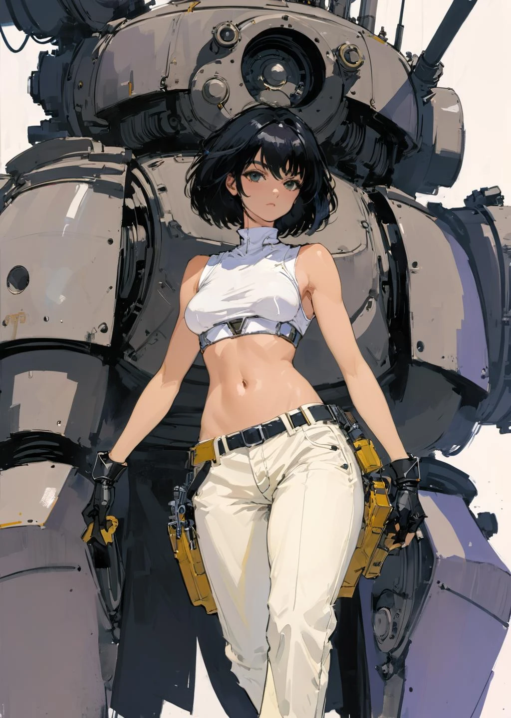 1 female
beautiful
battle
mechanical arms
sleeveless
oversized pants
(by Katsuya Terada, Jeffrey Catherine Jones )