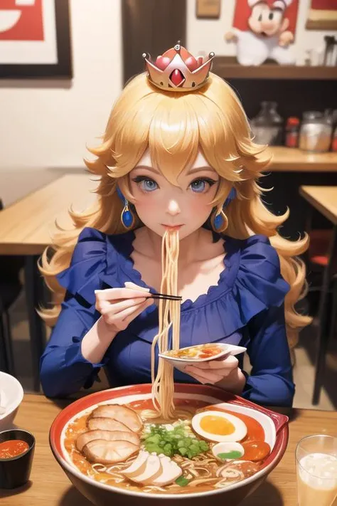 princess peach eating ramen with super mario eating a pizza, princess peach dress Royal Blue <lora:SuperMario:0.88><lora:ramen_v1.4:0.88>