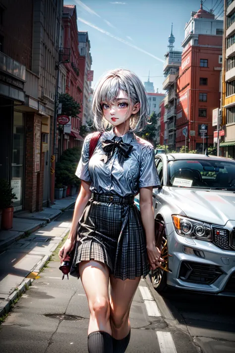 1girl, white hair, in school uniform, walking to school, in an urban area, resident buildings, cars, beautiful, (RAW photo, best quality),  (Masterpiece), 8k, best quality, ultra-detailed, cinematic lighting,  <lora:more_details:1>