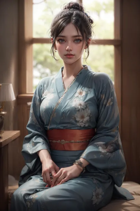 midshot, 1girl, solo, sitting, hair bun, blurry background, blurry, jewelry, black hair, looking at viewer, Japanese clothes, Yukata, sash, blood, realistic, lips, bracelet, closed mouth, indoors, (HDR:1.16), (highly detailed beautiful woman:1.16), (photo realistic:1.16),, (masterpiece), best quality, highest quality, extremely detailed CG unity 8k wallpaper, detailed and intricate, original,highres, dynamic angle, (face visible:0.6), (RAW photo, best quality), (realistic, photo-realistic:1.2), high quality, (high detailed skin:1.4), puffy eyes, gorgeous hair, ultra-sharp, realistic lighting, realistic shade, lighting, cinematic, photography, realism, smooth skin, beautiful face, aesthetic body, realistic, (cinematic, best quality, masterpiece, ultra HD textures, highly detailed, hyper realistic, intricate detail, 8k, photorealistic, concept art) , <lora:hipoly3DModelLora_v10:0.35>,  <lora:more_details:0.7>