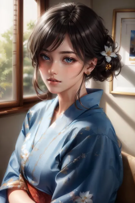 midshot, 1girl, solo, sitting, hair bun, blurry background, blurry, jewelry, black hair, looking at viewer, Japanese clothes, Yukata, sash, blood, realistic, lips, bracelet, closed mouth, indoors, (HDR:1.16), (highly detailed beautiful woman:1.16), (photo realistic:1.16), (fade:1.22), (high contrast:1.16), (intensive shadows:1.16), (depth effect:1.16), (high saturation:1.16), utrarealistic, (photorealism:1.05), (cinematic lighting:1.05), realism, (watercolor background:1.16), (sharp focus:1.1), (sharp details:1.1), (highlights:1.16), (sharp image:1.1), extremely realistic, detailed realism, realistic shadows, overexposure, (masterpiece:1.16), (best quality:1.16), (extremely detailed CG:1.16), (8k_wallpaper:1.16), an extremely delicate and beautiful, detailed light, beautiful detailed girl, beautiful detailed glow, (detailed face:1.16), (beautiful detailed eyes:1.1), <lora:add_detail:0.7>