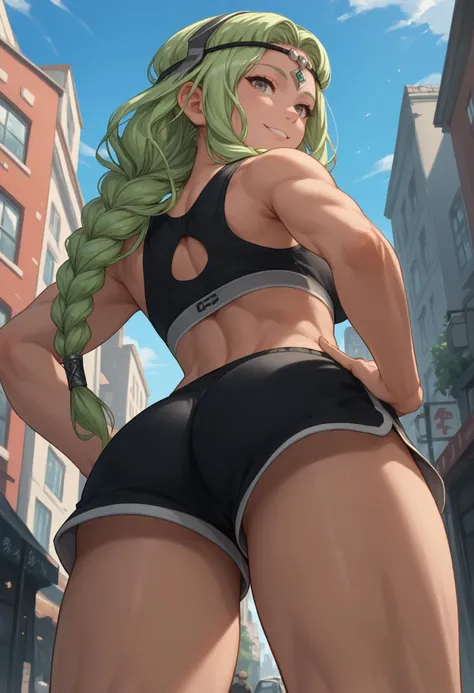 score_9, score_8_up, score_7_up, 1girl, FENottRND, grey eyes, green hair, long hair, single braid, large breasts, toned,
black circlet, black sports bra, black shorts, short shorts,
looking at viewer, smile, thighs, ass, looking back, hands on hips,
outdoors, city street, from below,
<lora:FENottPDXL_V1-Manityro-CAME:1.0>,