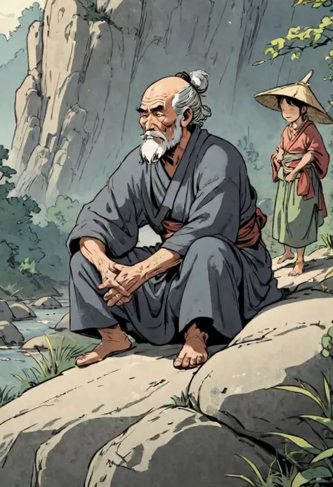 comics, flat inking, thick outline, illustration of an old ronin man sitting on a smooth rock, looking with scrutiny at a ((walking) peasant girl:1.5) passing by, edo era, smirky smuggish expression, morning time