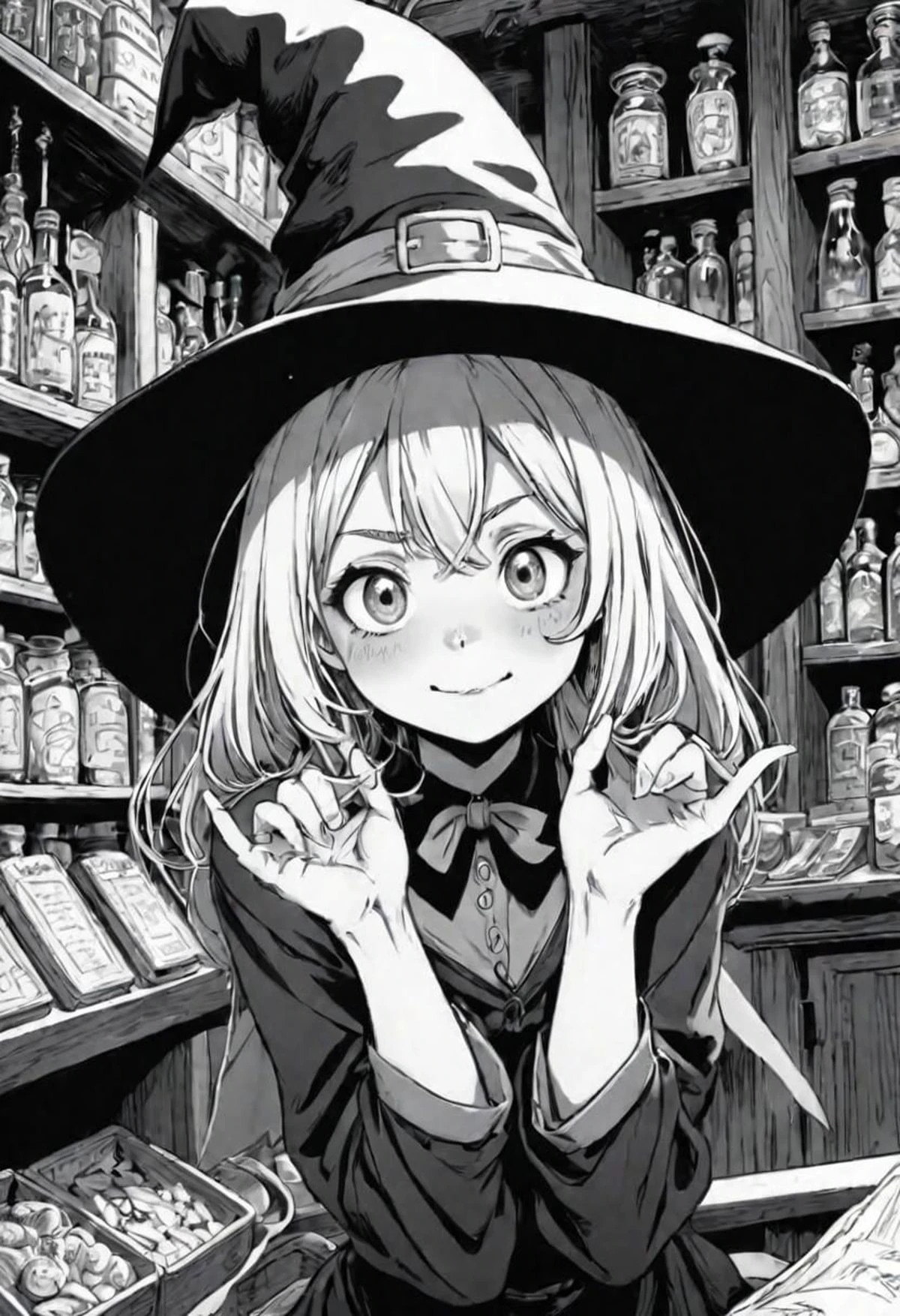 anime, flat inking, thick outline, manga illustrationof a funny witch girl in a magic shop, silly expression