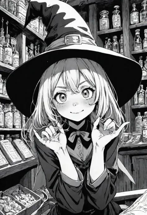 anime, flat inking, thick outline, manga illustrationof a funny witch girl in a magic shop, silly expression