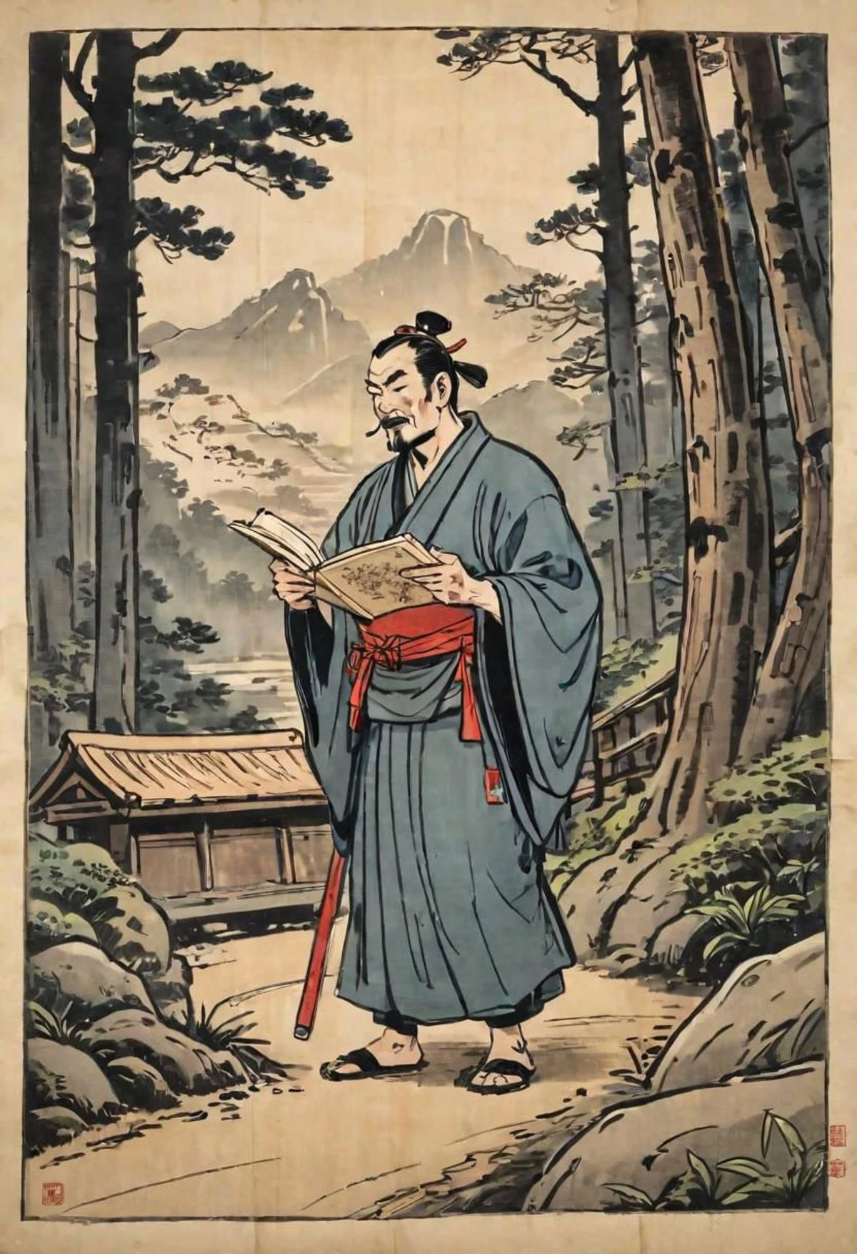 comics, flat inking, thick outline, illustration of a ronin reading a scroll pinned on a wood panel, along a path in moutain forest, edo era, smug defiant expression, evening time