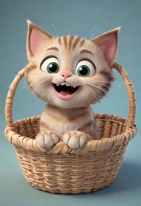 pixar style, 3d cartoony render of a tabby kitten in a basket, funny silly expression