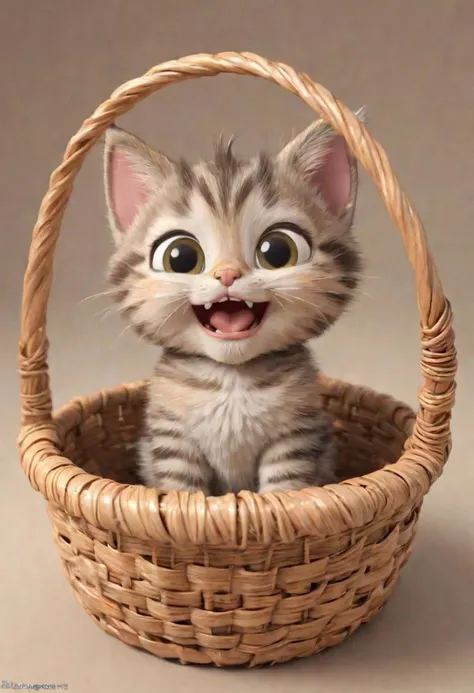 pixar style, 3d cartoony render of a tabby kitten in a basket, funny silly expression