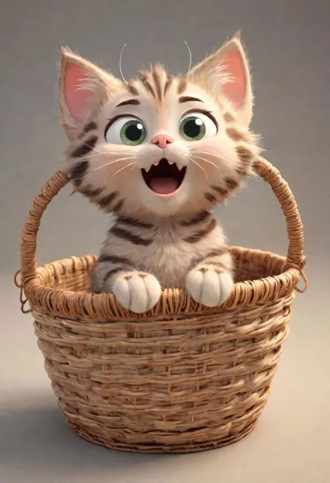 pixar style, 3d cartoony render of a tabby kitten in a basket, funny silly expression