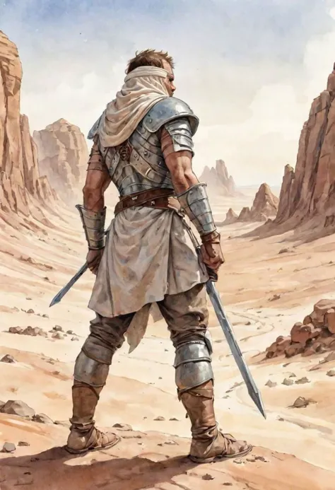 watercolor illustration of fremen warrior scruting the horizon in the rocky desert of Arrakis