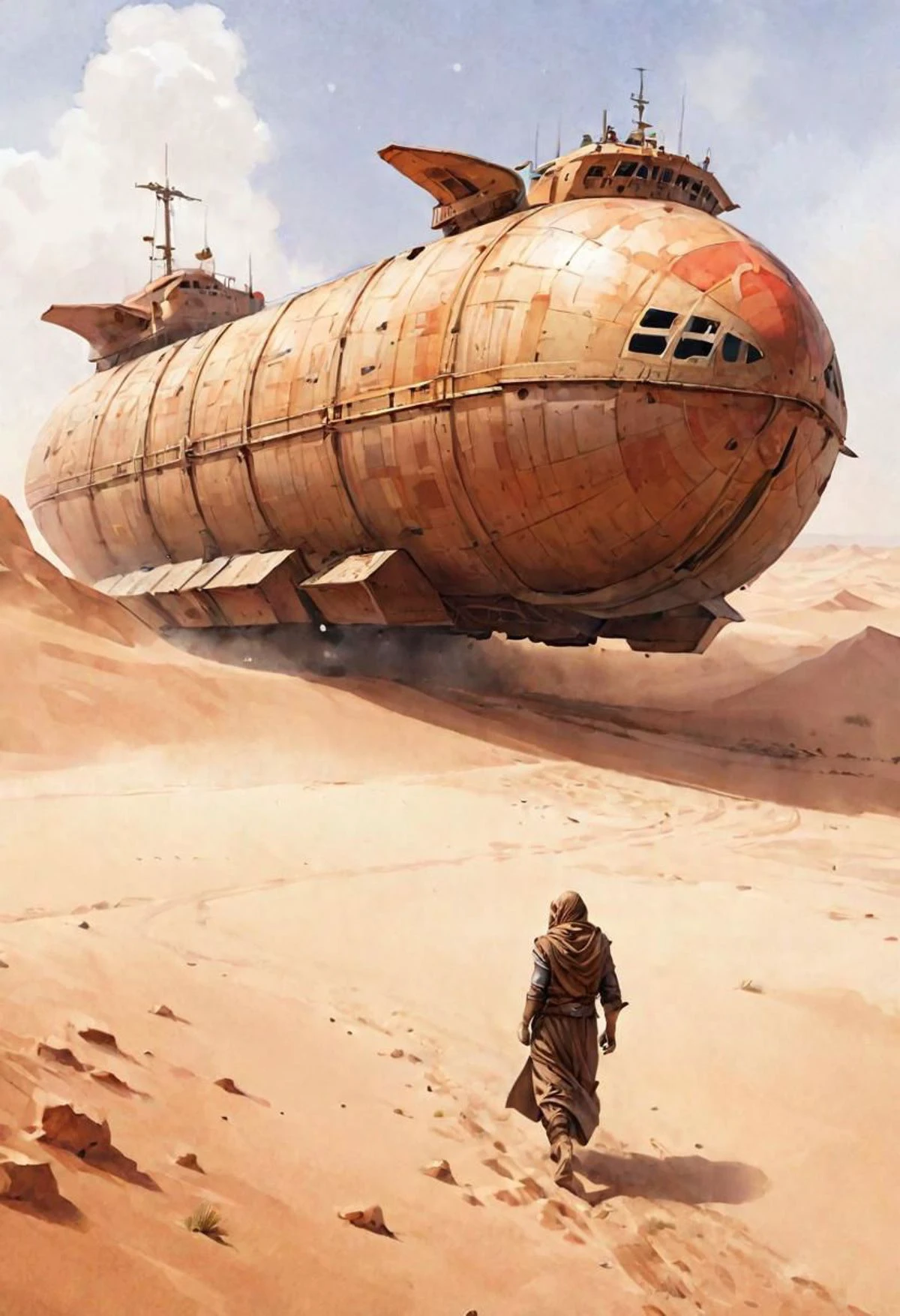 watercolor illustration of a spice smuggler freighter landing in the desert of Arrakis
