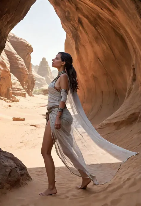 photo of a girl entering a troglodyte cave, searching dynamic (profile:0.7), standing in a (planet dune:0.4) like environment with with a village in the background in a (scifi:1.1) setting, rugged (torn:1.2) thin cloth straps neatly wrapped , endomorphic female body, navel, thin diaphanous draped cloth loincloth, (thin silk (see-through:1.1) clothing:1.1), iron jewels, primitive iron necklace, iron bracelets, cornea reflections, veiny sclera, detailed skin texture, veins, skin pores, skin fuzz, peach skin, vellus hair, transluscency, subsurface scattering, skin bump, goose bump, detailed body, detailed face, detailed eyes, depth of field, exquisite natural lighting