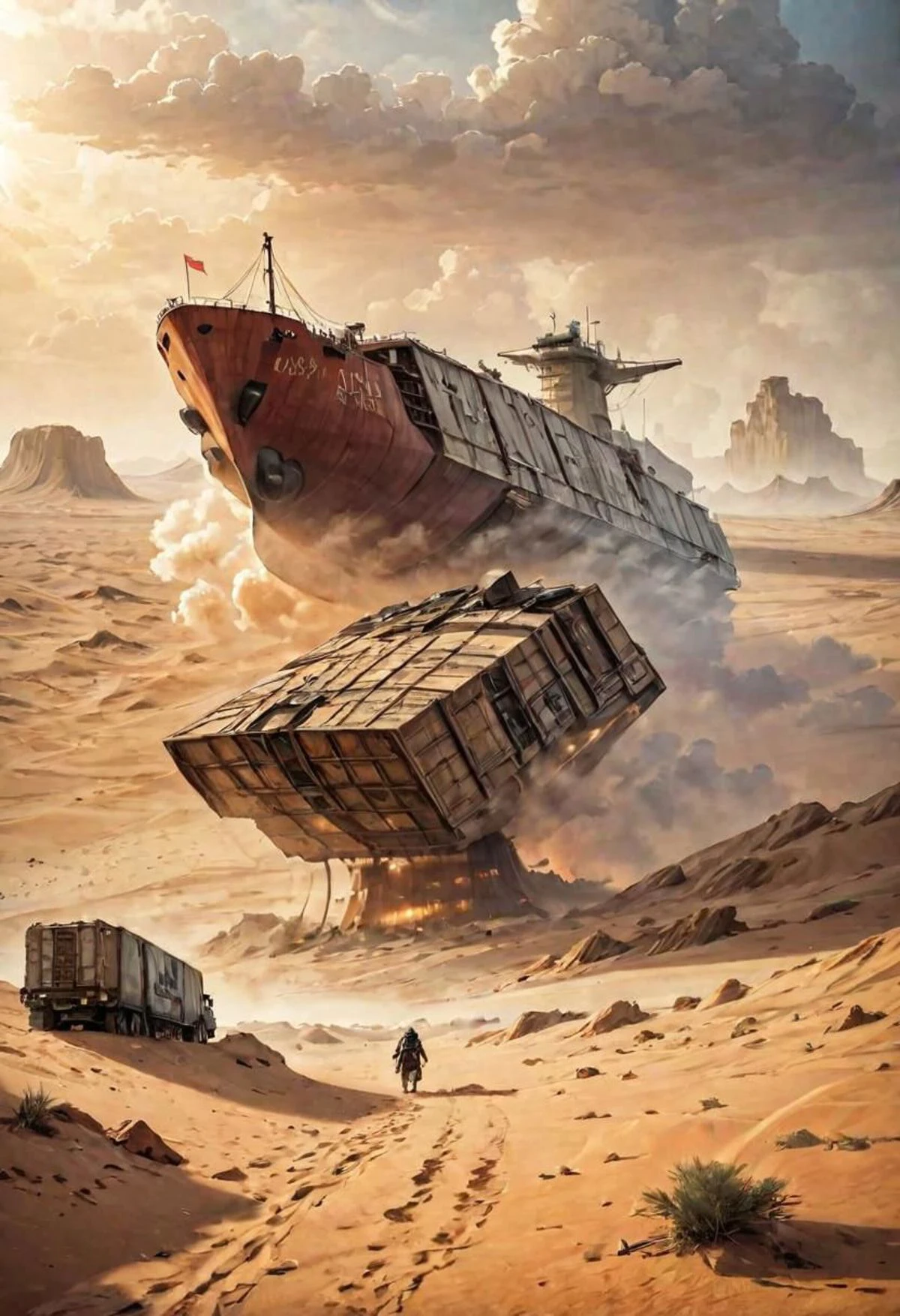 watercolor illustration of a spice smuggler freighter landing in the desert of Arrakis