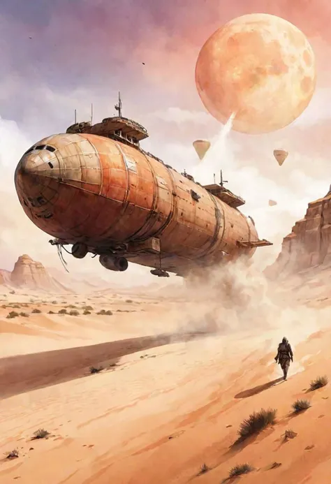 watercolor illustration of a spice smuggler freighter landing in the desert of Arrakis
