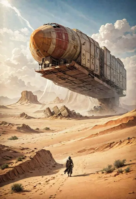 watercolor illustration of a spice smuggler freighter landing in the desert of Arrakis