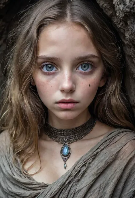 photo portrait of a pretty girl in a dark cave, soft loving tender gaze, slightly opened lips, endomorphic female body, navel, swaddled in a thin diaphanous clothe, loincloth, iron jewels, primitive iron necklace, iron bracelets, cornea reflections, (veiny sclera:0.8), detailed skin texture, skin pores, skin fuzz, peach skin, vellus hair, transluscency, subsurface scattering, skin bump, goose bump, detailed body, detailed face, detailed eyes, depth of field, (exquisite natural backlighting:1.4)
