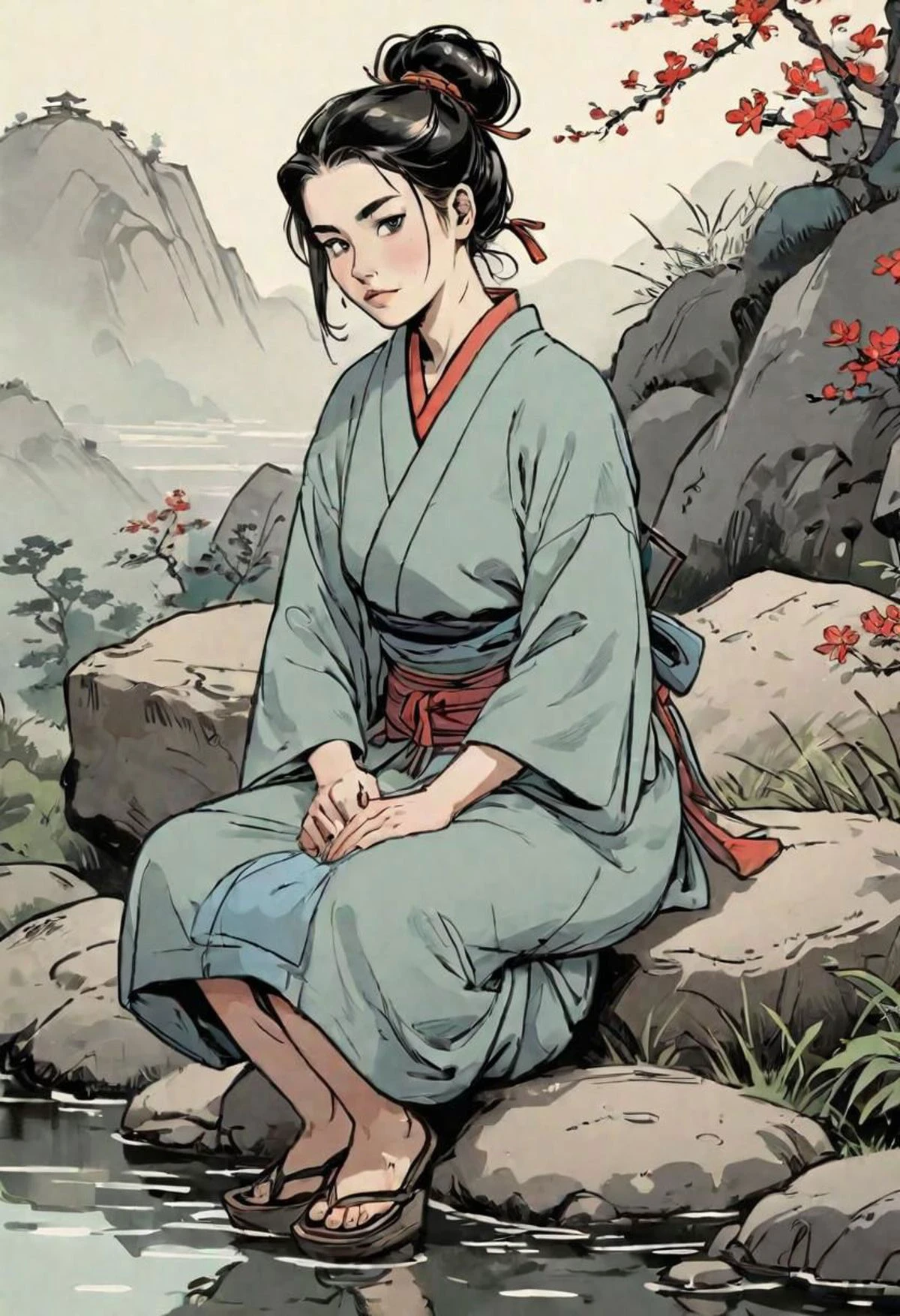 comics, flat inking, thick outline, illustration of a ronin sitting on a smooth rock, looking with envy at a peasant girl passing by, edo era, smirky smuggish expression, morning time