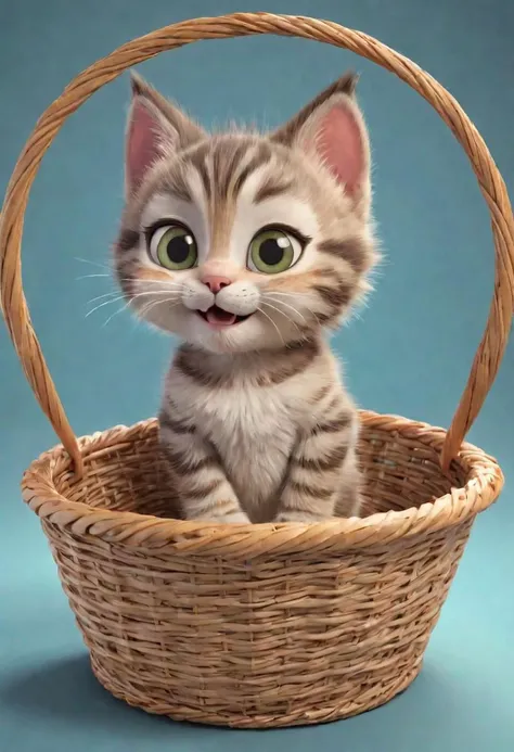 pixar style, 3d cartoony render of a tabby kitten in a basket, funny silly expression