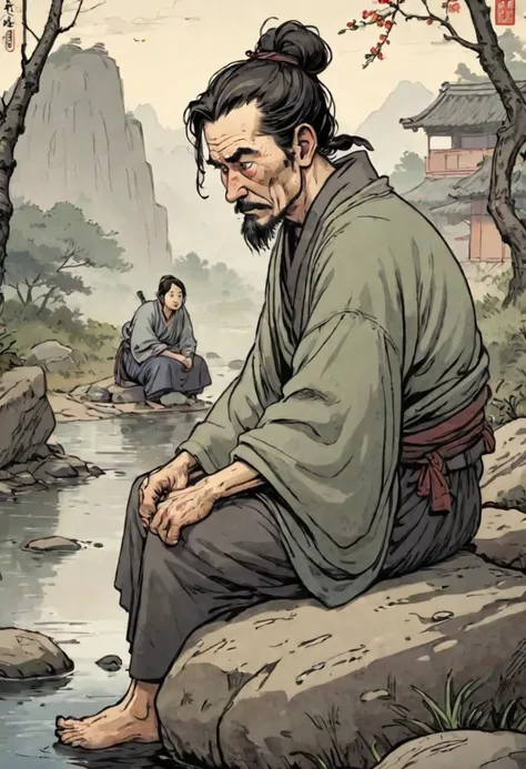 comics, flat inking, thick outline, illustration of an old ronin man sitting on a smooth rock, looking with scrutiny at a ((walking) peasant girl:1.5) passing by, edo era, smirky smuggish expression, morning time