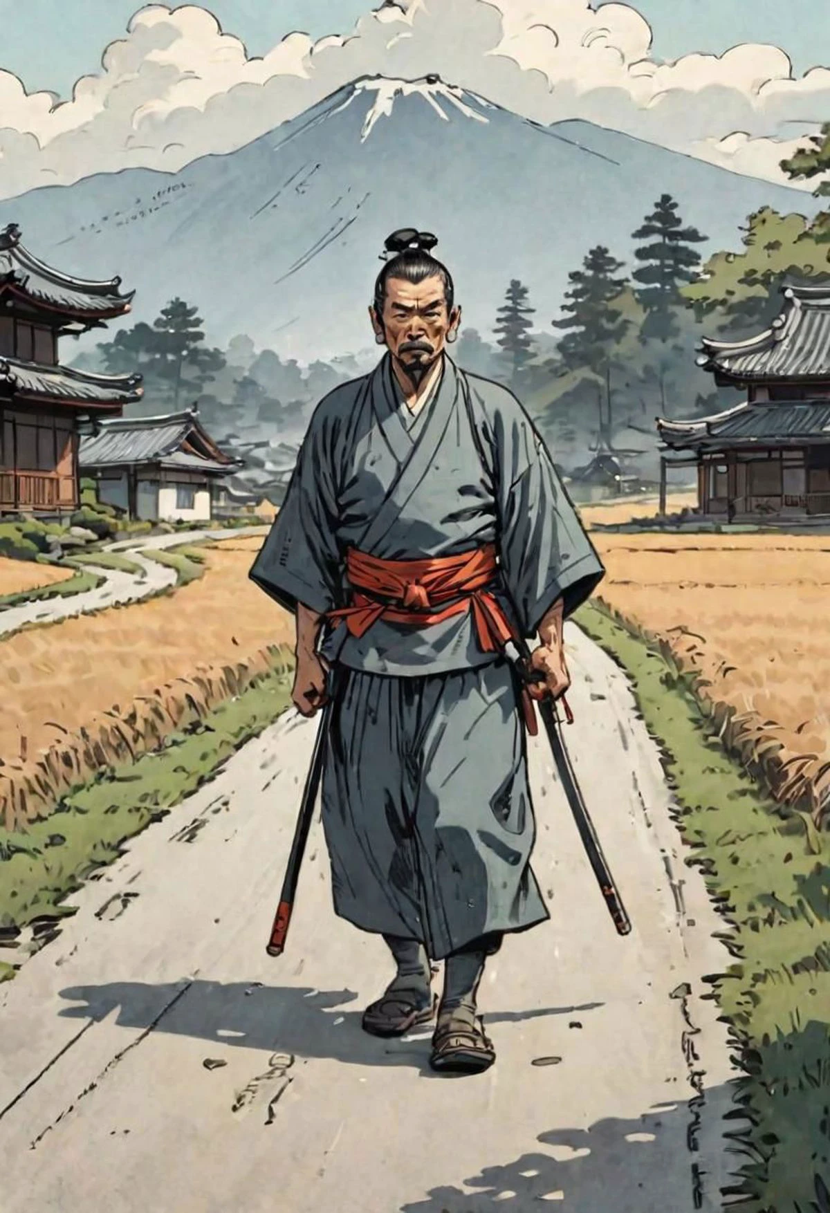 comics, flat inking, thick outline, illustration of a ronin walking selfconfident on a paved road in the countryside, edo era, smug defiant expression, dynamic walk