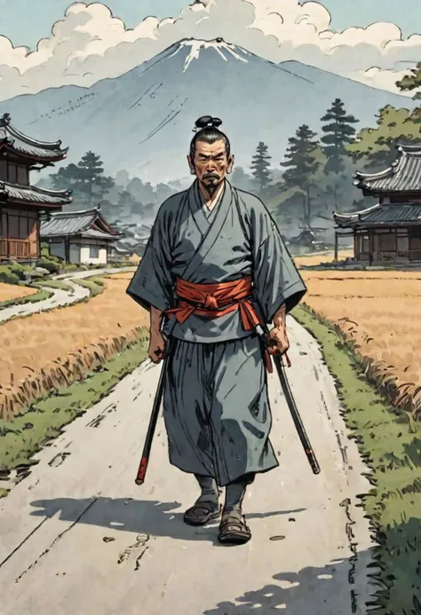 comics, flat inking, thick outline, illustration of a ronin walking selfconfident on a paved road in the countryside, edo era, smug defiant expression, dynamic walk