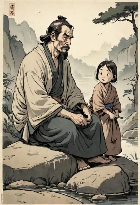 comics, flat inking, thick outline, illustration of an old ronin man sitting on a smooth rock, looking with scrutiny at a (walking peasant girl:1.3) passing by, edo era, smirky smuggish expression, morning time