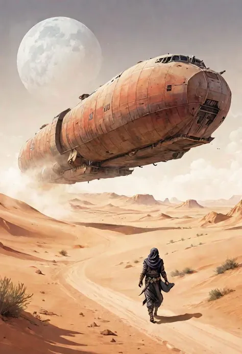 watercolor illustration of a spice smuggler freighter landing in the desert of Arrakis