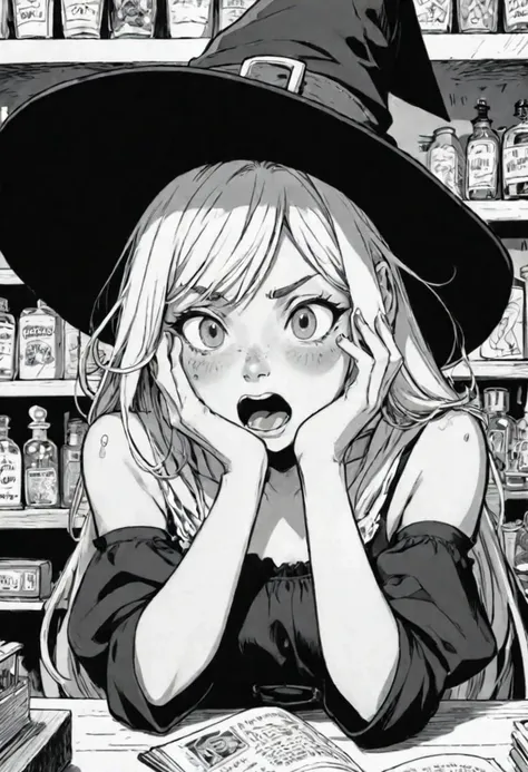 anime, flat inking, thick outline, manga illustrationof a funny witch girl in a magic shop, silly expression