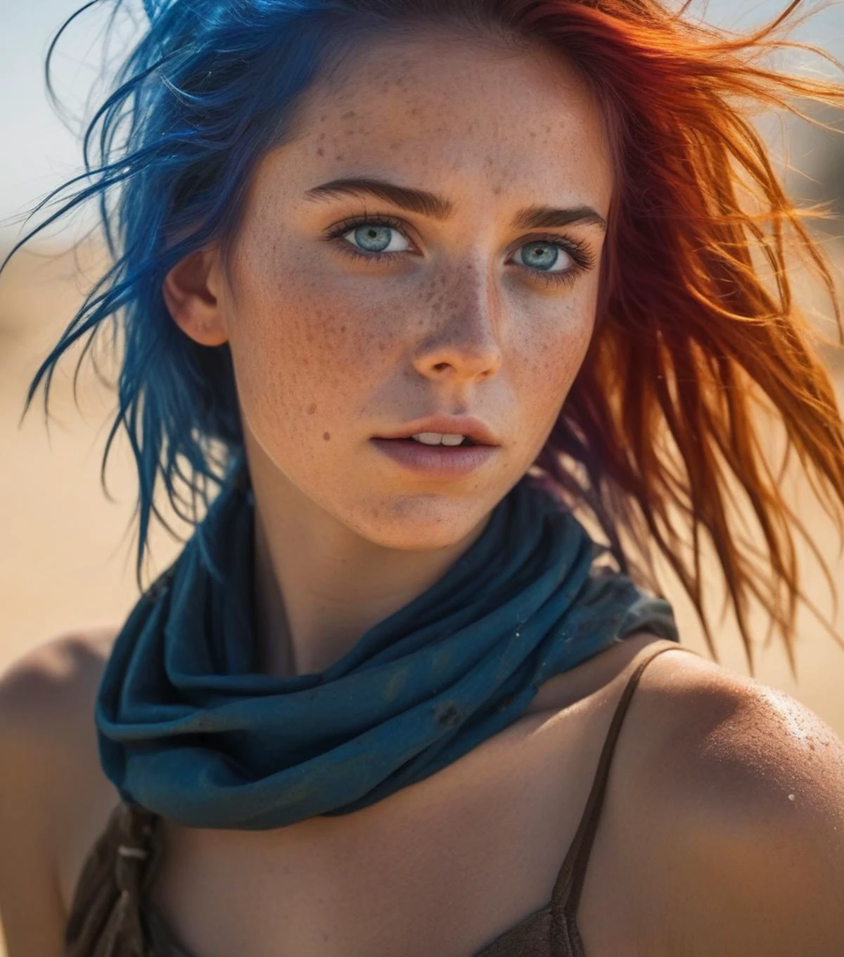 ,
sweaty from the heat of the desert,
thirsty and dehydrated like in a mad max scene,skinny ,
wrapped,
sunburn,( tanlines:1.4), freckles,
cloudy rain, refreshing precipitation,
(Mad Max Girl:1.3), (Rally Dakar:1.1), mechanics girl with oil blobs in her face,
realistic photo, masterpiece, highest quality, chromatic light,dynamic image,
full body, (cute freckles:1.4), 
skin covered with colorful blobs  ,, nubile girl,  translucent, beautiful detailed blue eyes, (smile:0.5), wild colorful open hair, abstract geometric background, iridescent, chromatic aberration, medium shot,glossy lips,anime,manga,
[(colorful explosion psychedelic paint colors:0.7)::10],
(translucent ), (windy), (dynamic), style, (colorful hair explosion),
shoulder-free, (colorful),
[(modest)::15],sideboob,downblouse,laying on her back ,
(protruding nipples:1.2), shoulder, (((soft focus))),
80's anime