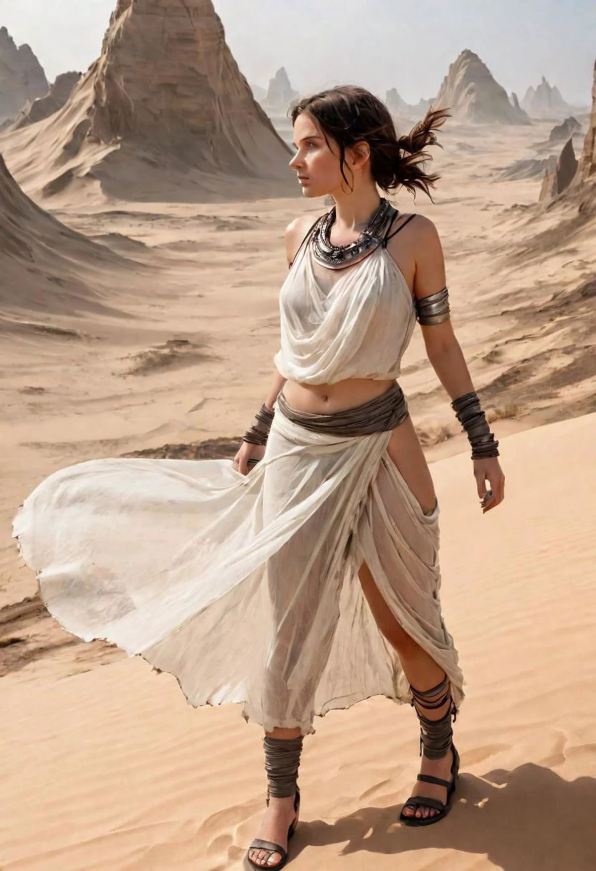 photo of a girl searching dynamic (profile:0.7), standing in a (planet dune:0.4) like environment with with a village in the background in a (scifi:1.1) setting, rugged (torn:1.2) thin cloth straps neatly wrapped , endomorphic female body, navel, thin diaphanous draped cloth loincloth, (thin silk (see-through:1.1) clothing:1.1), iron jewels, primitive iron necklace, iron bracelets, cornea reflections, veiny sclera, detailed skin texture, veins, skin pores, skin fuzz, peach skin, vellus hair, transluscency, subsurface scattering, skin bump, goose bump, detailed body, detailed face, detailed eyes, depth of field, exquisite natural lighting