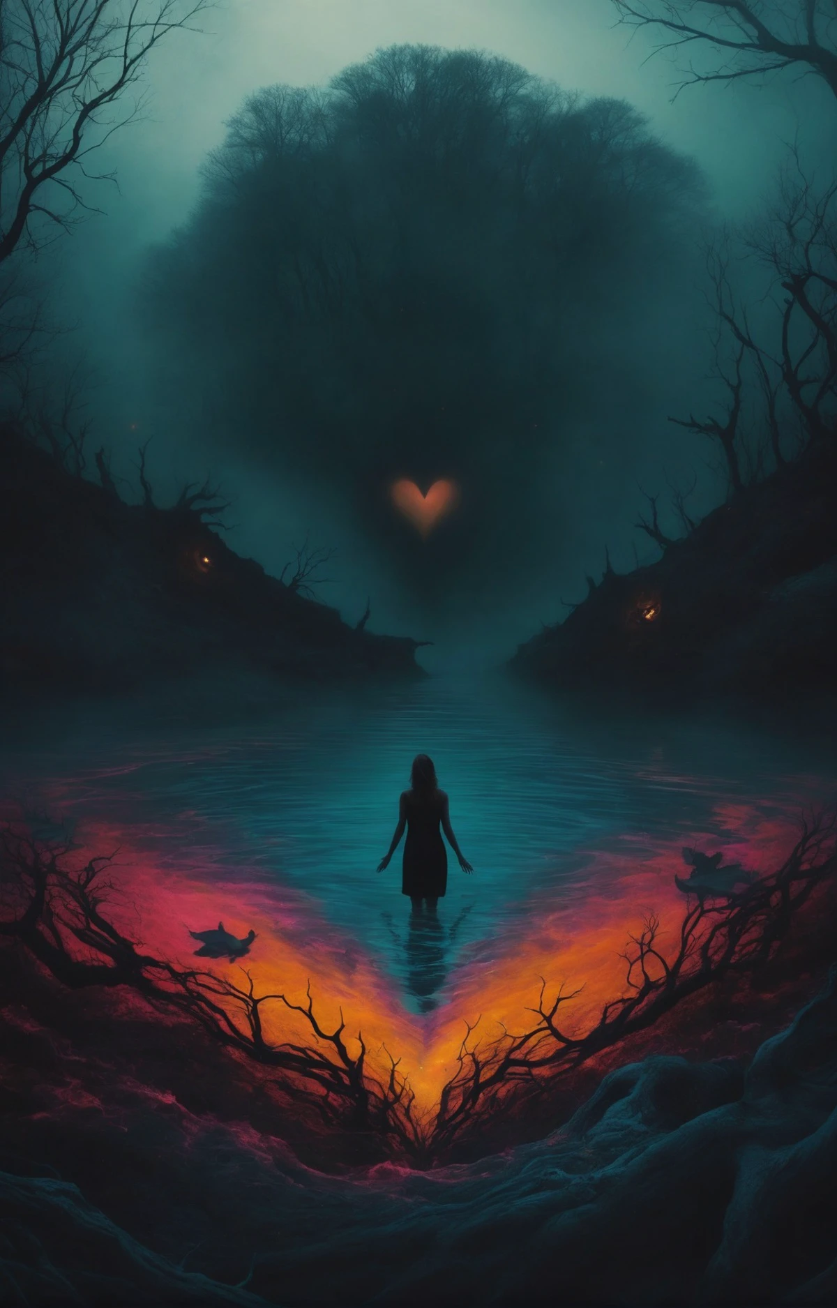 She eyes me like a Pisces when I am weak, I've been locked inside your heart-shaped box for weeks, I've been drawn into your magnet tar pit trap, I wish I could eat your cancer when you turn black. a sense of suspense and mystery. vibrant and moody, colorful, hazy, epic mist