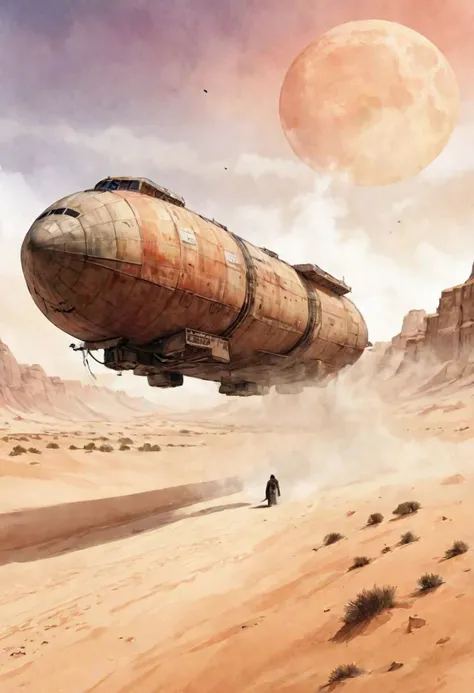 watercolor illustration of a spice smuggler freighter landing in the desert of Arrakis