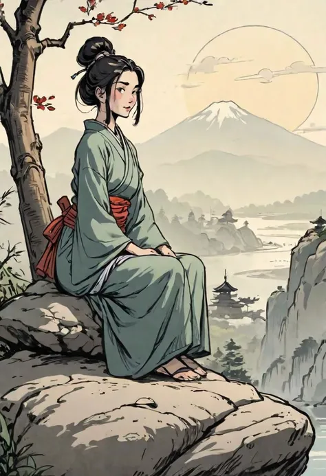 comics, flat inking, thick outline, illustration of a ronin sitting on a smooth rock, looking with envy at a peasant girl passing by, edo era, smirky smuggish expression, morning time