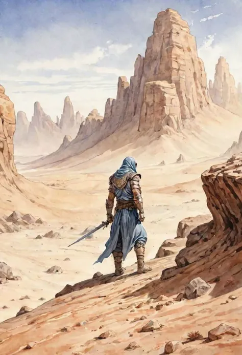 watercolor illustration of fremen warrior scruting the horizon in the rocky desert of Arrakis