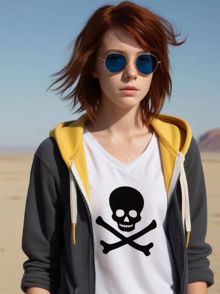 ,
sweaty from the heat of the desert,
thirsty and dehydrated like in a mad max scene,
wrapped,
sunburn,( tanlines:1.4), freckles,
slim, thigh gap,
Maxine couldfield is the quintessential hipster, preferring an understated style that consists of simple T-shirts bearing logos , a grey zip up hoodie and black converse shoes with a skull and crossbones with sunglasses designed on it, and yellow writing that says âLife is Strangeâ. She is always been wearing her school shoulder bag that she carries through out the game. She has auburn brown hair, blue eyes, and freckles. She appears to wear eye shadow and eyeliner, although this is also quite understated. She has no tattoos or piercings that we know of. She wears a set of three colored bangles on her right wrist that appear to be silicone wristbands.
realistic photo, masterpiece, highest quality, chromatic light,dynamic image,
(from above:0.8), looking at viewer, (looking up:0.7),full body, (cute freckles:1.4),