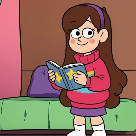 masterpiece,best quality,Mabel,1girl,holding,book,style parody,official style ,solo,long hair,red sweater,brown hair,black eyes,pink hairband ,purple skirt,rainbow,star \(symbol\),smile ,blush stickers ,white socks<lora:mabelpines:0.7>