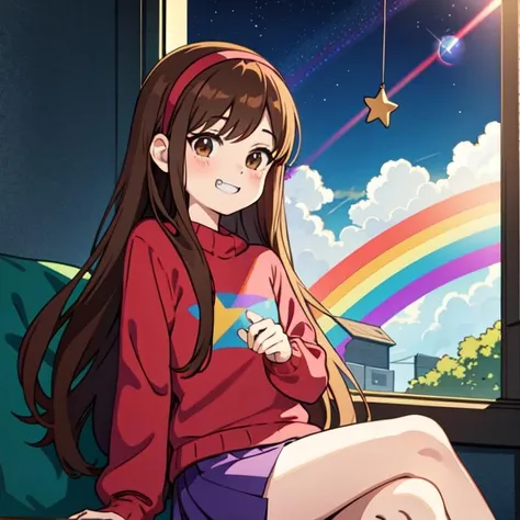 day, mabel pines ,sitting,anime style,masterpiece,best quality,Mabel,1girl, wallpaper, landscape, depth of field, night, light particles, light rays, sidelighting, thighs, fate \(series\) solo,upper body,long hair,red sweater,long sleevess,brown hair,black eyes,pink hairband ,rainbow,star \(symbol\),rainbow, purple skirt,smile ,blush stickers ,round teeth,buck teeth ,tree,blue sky, <lora:mabelpines:0.4>