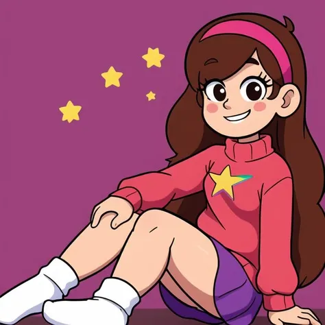 [Mabel], [Gravity Falls], ((masterpiece)), ((HD)), ((high res)), ((solo portrait)), ((waist-up)), ((front view)), ((detailed shading)), ((soft textures)), ((intricate details)), ((anime girl)), ((cinematic)), {attractive; (long brown hair), (cute dark-brown eyes), (large breast), (curvy hips), (beautiful legs), (cute grin), (silver braces on teeth)}, {(hot-pink knitted sweater with a rainbow printed on it), (green skirt), (hot-pink hairband), (diamond earrings)}, {(standing), (waving), (looking at viewer)}, [background; (grass plains), (sun rays), (blue sky), (clouds in sky), (ambient lighting)]
