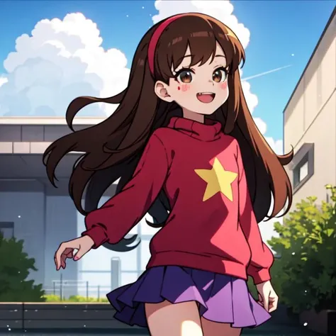 day, mabel pines ,anime style,masterpiece,best quality,Mabel,1girl, wallpaper, landscape, blood, blood splatter, depth of field, night, light particles, light rays, sidelighting, thighs, fate \(series\) solo,upper body,long hair,red sweater,long sleevess,brown hair,black eyes,pink hairband ,rainbow,star \(symbol\),rainbow, purple skirt,smile ,blush stickers ,round teeth,buck teeth ,tree,blue sky, <lora:mabelpines:0.4>