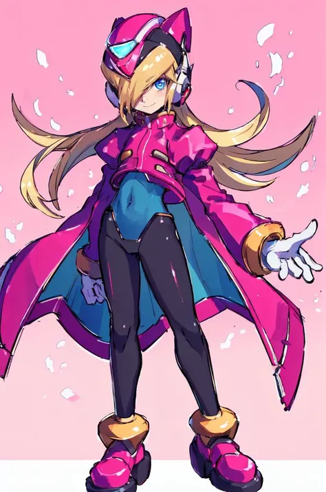 ultra detailed, masterpiece, best quality,
solo,
cowboy shot,
facing viewer,
<lora:elpizo:1> 1boy, male_focus, androgynous, helmet, hair_over_one_eye, robot_ears, blonde_hair, long_hair, very_long_hair, blue_eyes, gloves, coat, puffy_sleeves, headgear, long_coat, smile, white_gloves, skin_tight, white_bodysuits_with_black_pantyhose, covered_navel, pants, shoes, pink jacket, pink_footwear, <lora:reploidv2_merge2:1> android, reploid, mega_man_zero, mega_man_zx,