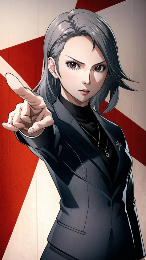 <lora:Sae Niijima - P5:0.8> saep5, 1girl, sidecut, grey hair, brown eyes, serious, p5cl, suit, BREAK,  <lora:objection:0.8> objection, ace attorney, pointing, masterpiece, best quality, extremely detailed, highly quality, 4k, sharp focus, professional, sharp focus, award winning, cinematic lighting, octane render, unreal engine, volumetrics dtx, Wallpaper,