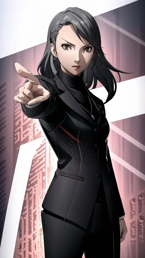 <lora:Sae Niijima - P5:0.8> saep5, 1girl, sidecut, grey hair, brown eyes, serious, p5cl, grey suit, BREAK, <lora:objection:0.8> (objection, ace attorney, pointing:1.15), <lora:Soejima_shigenori_style_v02:0.8>, masterpiece, best quality, extremely detailed, highly quality, 4k, sharp focus, professional, sharp focus, award winning, cinematic lighting, octane render, unreal engine, volumetrics dtx, Wallpaper,